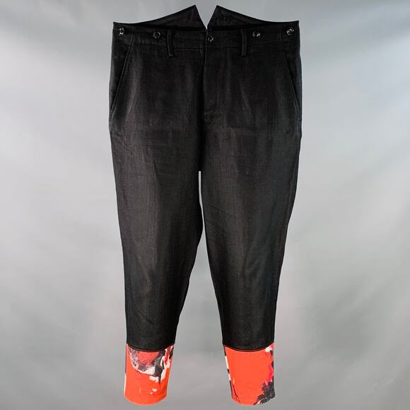 Size  L Black Red Contrast Trim Linen Back Cinch High Waisted Dress Pants - Picture 1 of 6